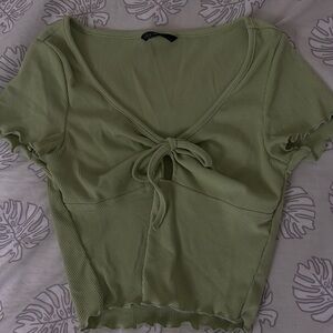 SHEIN Sage Green Ribbed Knot-Front Blouse